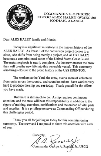 CGC ALEX HALEY (WMEC 39) Commanding Officer's Letter to Crew, Family, and Friends